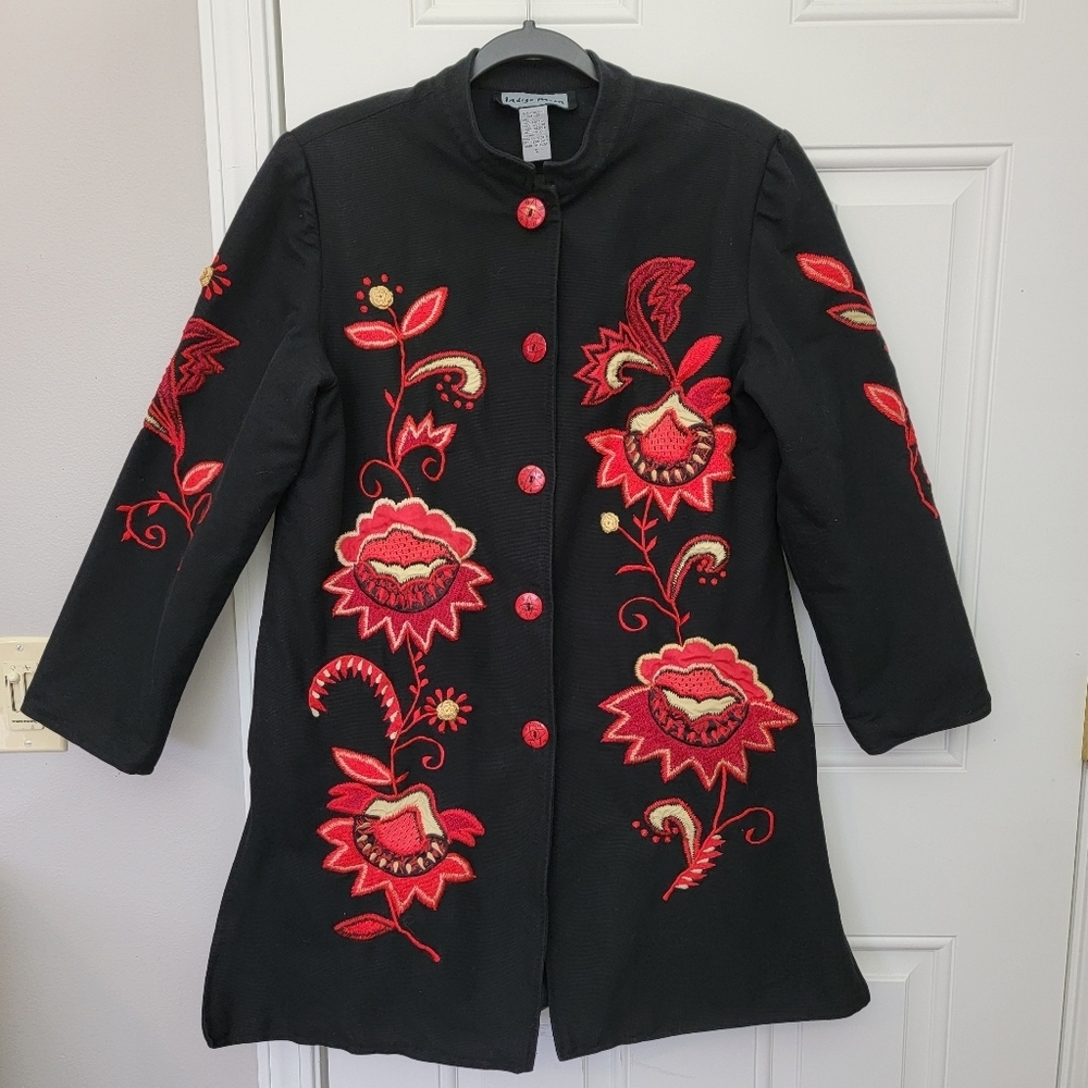 Indigo Moon Womens Long Embroidered Rosettes Floral Boho Asian Art Jacket Small